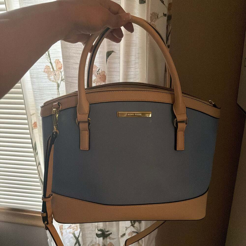 Anne Klein New Recruits Dome Satchel in Taupe and Cream with Gold Hardware